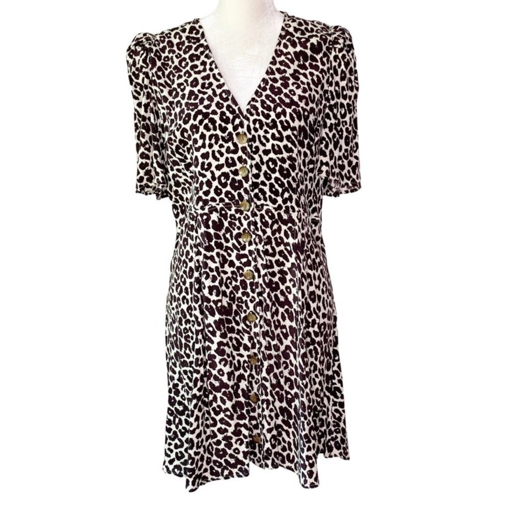 Something Navy Large Button Front Mini Dress Brown Ganache Animal Print NEW